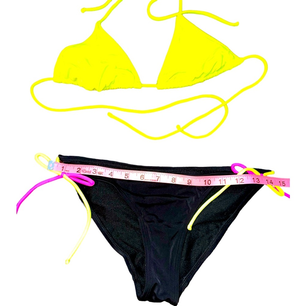 OP neon yellow/ pink/ black tie triangle top sim bikini bathing suit M